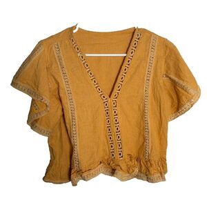 Peixoto Resort Wear Blouse Women's Small Mustard Lace Boho Cropped Top Summer